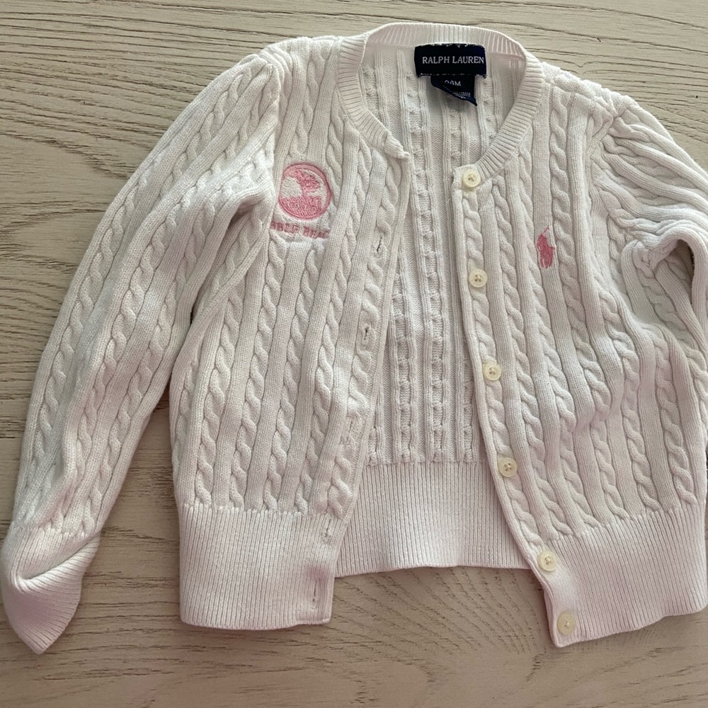 RALPH LAUREN WHITE & PINK LOGO BUTTON CARDIGAN 24M - Picture 3 of 3